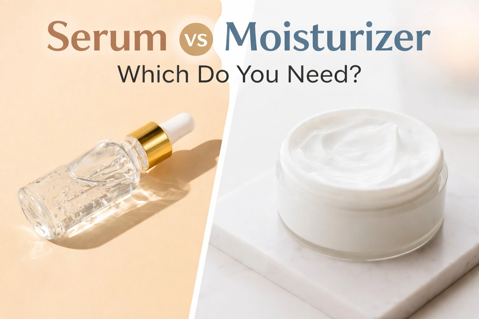 Serum vs moisturizer comparison with dropper bottle and cream jar cover image