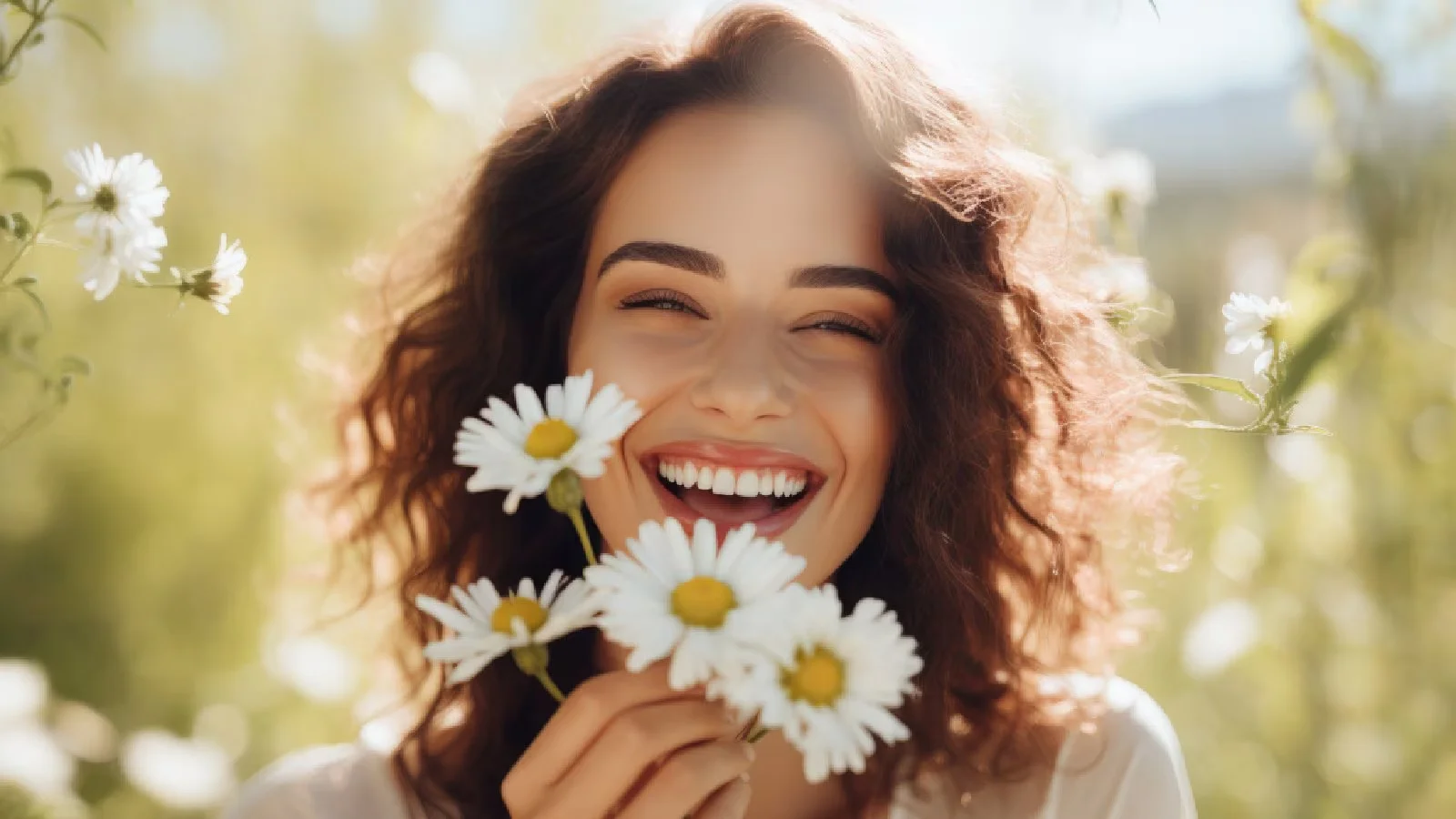 Smiling woman holding chamomile for skin outdoors - Chamomile in Skincare: Benefits & How to Use 2026 - Zicail Smiling woman holding chamomile for skin outdoors - Chamomile in Skincare: Benefits & How to Use 2026 - Zicail