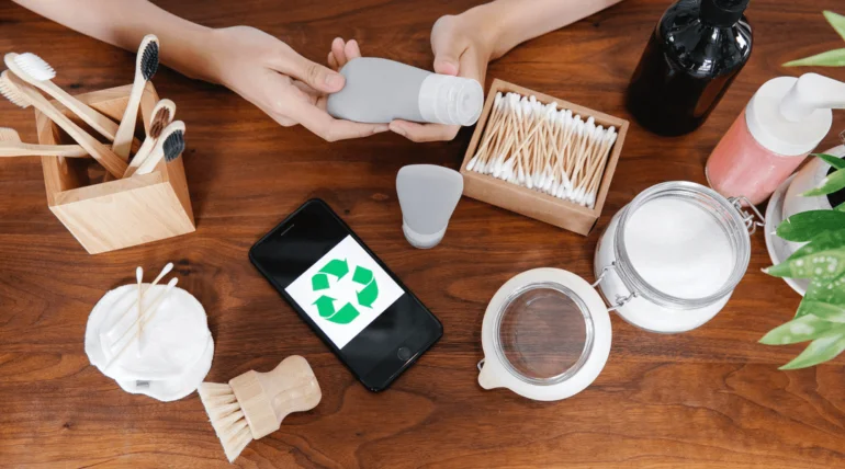 Hand holding empty bottles with eco friendly products on a table - Functional Ingredients for Sensitive Skin Care 2026 - Zicail Hand holding empty bottles with eco friendly products on a table - Functional Ingredients for Sensitive Skin Care 2026 - Zicail