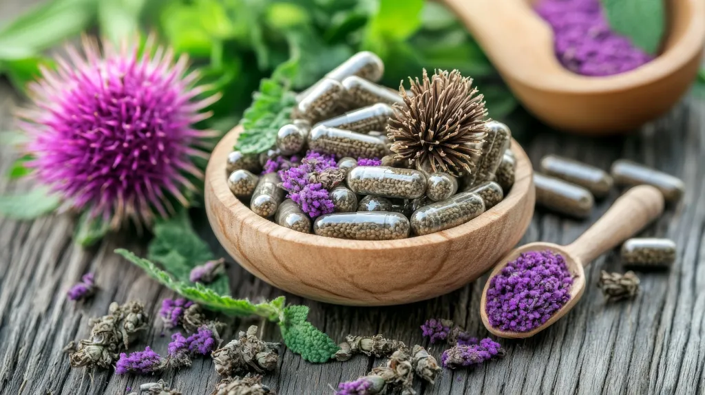 Milk thistle capsules placed next to dried flowers promoting skincare - Milk Thistle for Skin: Benefits, Uses & Top Products 2026 - Zicail