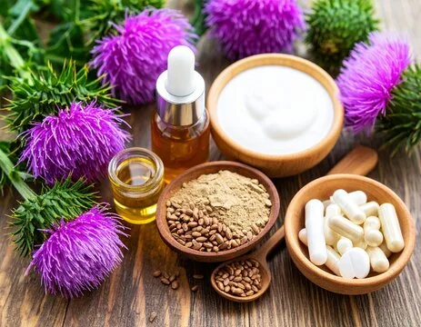 Milk thistle oil capsules and powder with a thistle flower - Milk Thistle for Skin: Benefits, Uses & Top Products 2026 - Zicail