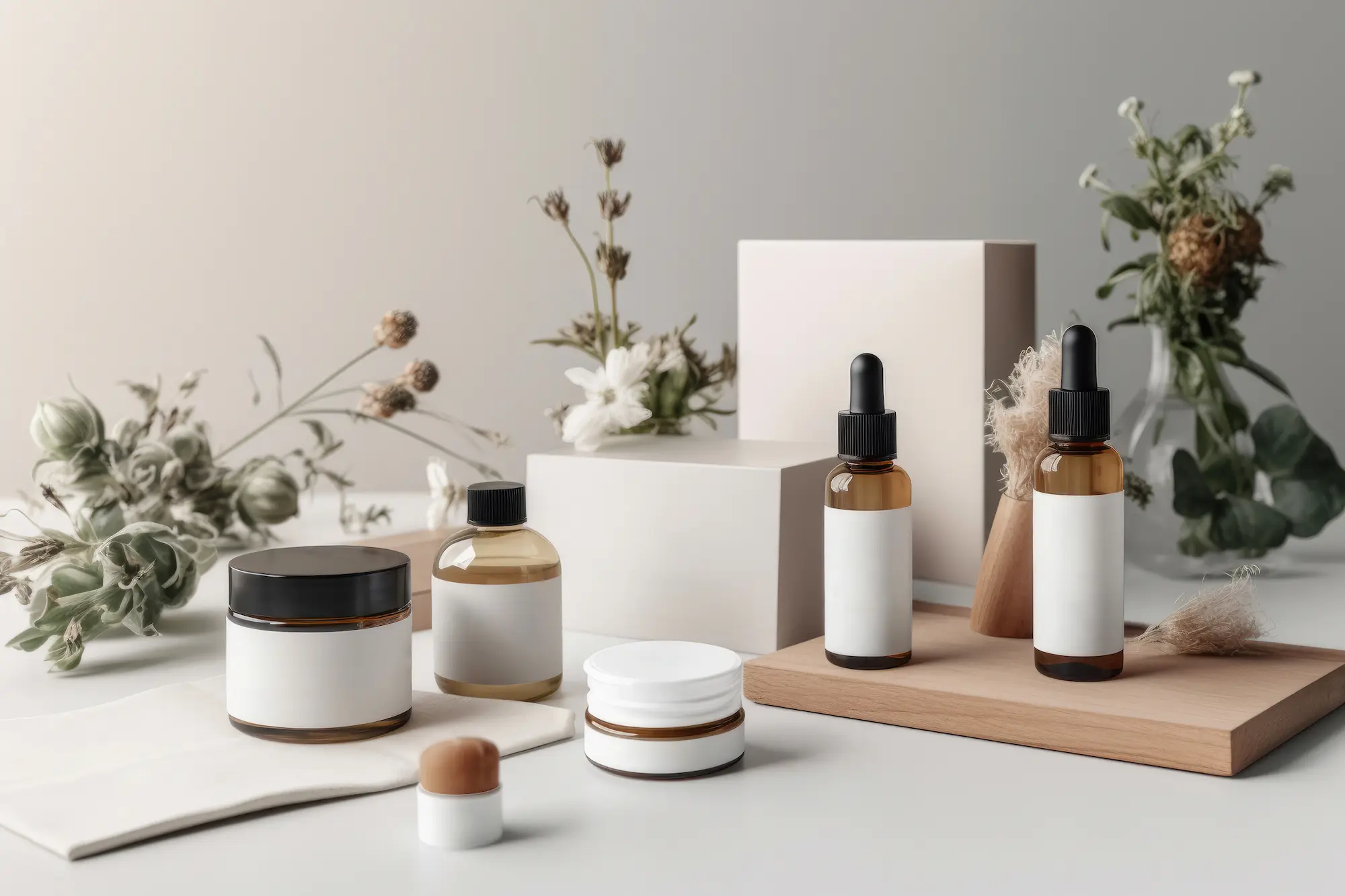 Clean skincare packaging with floral background