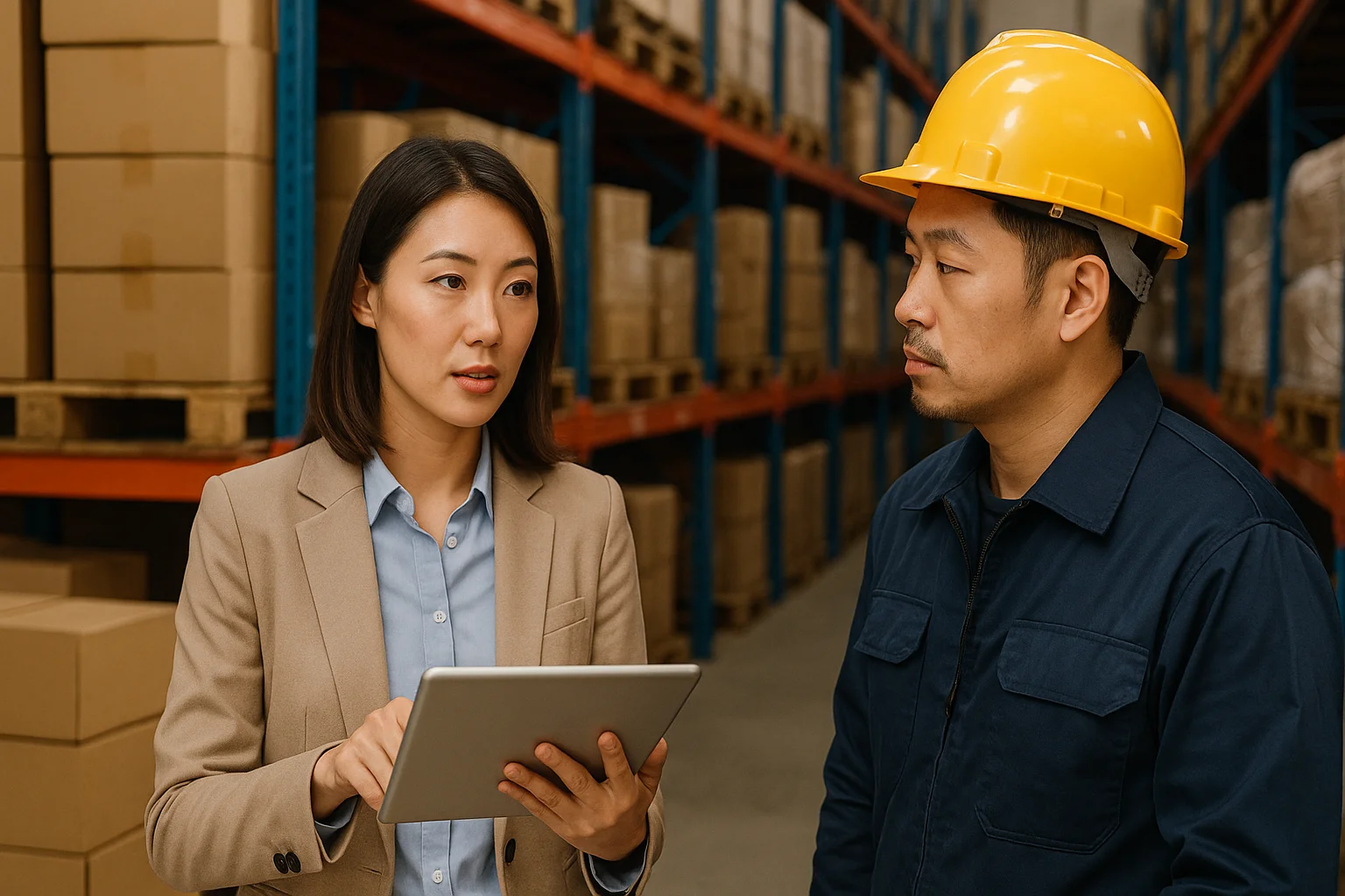 Warehouse manager and worker discussing logistics - How to Safely Source Skincare Products from China: Step-by-Step Guide 2026 - Zicail Warehouse manager and worker discussing logistics - How to Safely Source Skincare Products from China: Step-by-Step Guide 2026 - Zicail