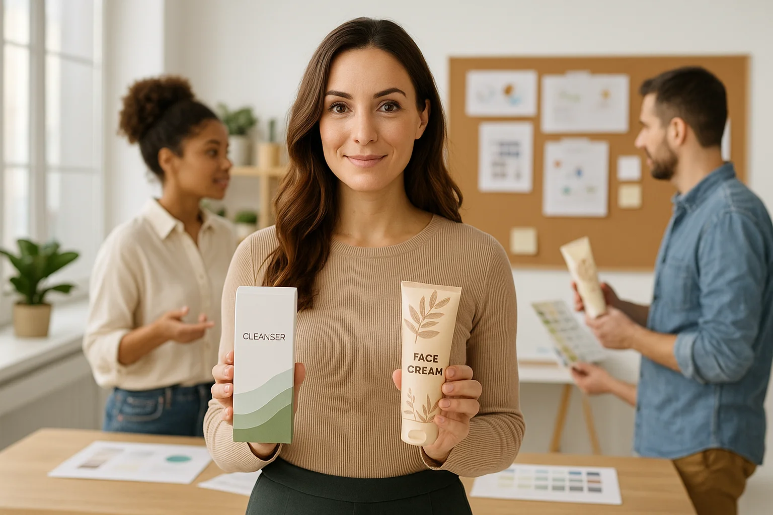 Woman showcasing natural skincare cleanser and cream - Packaging Trends for Skincare Brands in 2025 2026 - Zicail Woman showcasing natural skincare cleanser and cream - Packaging Trends for Skincare Brands in 2025 2026 - Zicail