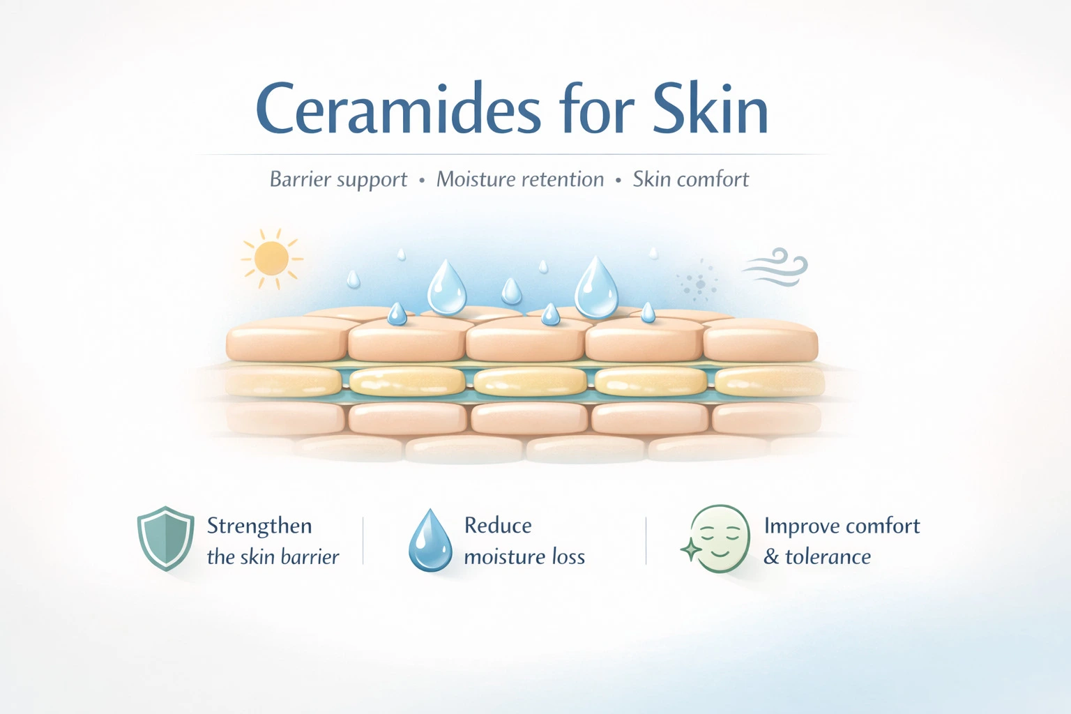 Ceramides for skin infographic illustrating the skin barrier moisture retention and improved skin comfort