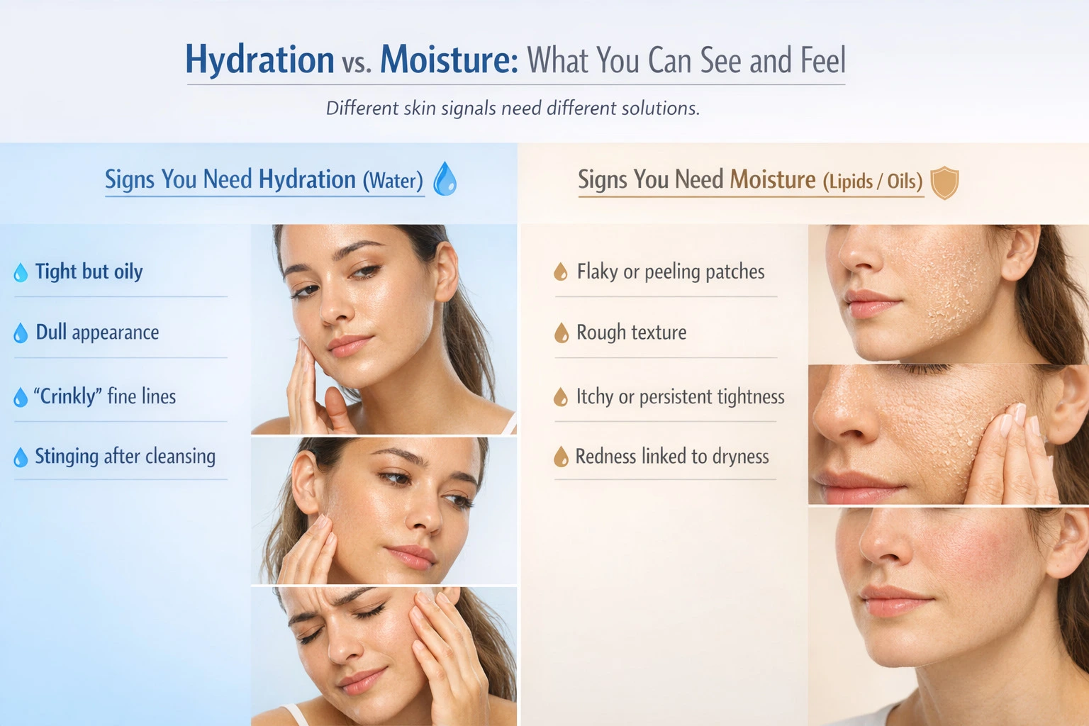 Hydrated vs moisturized skin comparison chart showing signs of dehydration versus dry skin including oily but tight skin dull appearance flaky patches rough texture and redness