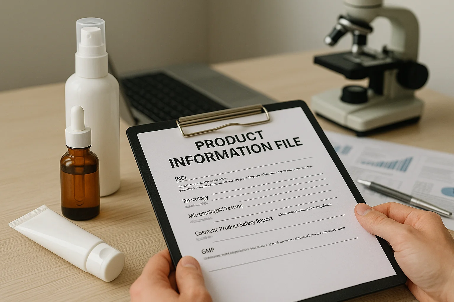 Product information file form with cosmetics bottles - Importing Skincare to the EU & US: Key Compliance Rules 2026 - Zicail Product information file form with cosmetics bottles - Importing Skincare to the EU & US: Key Compliance Rules 2026 - Zicail
