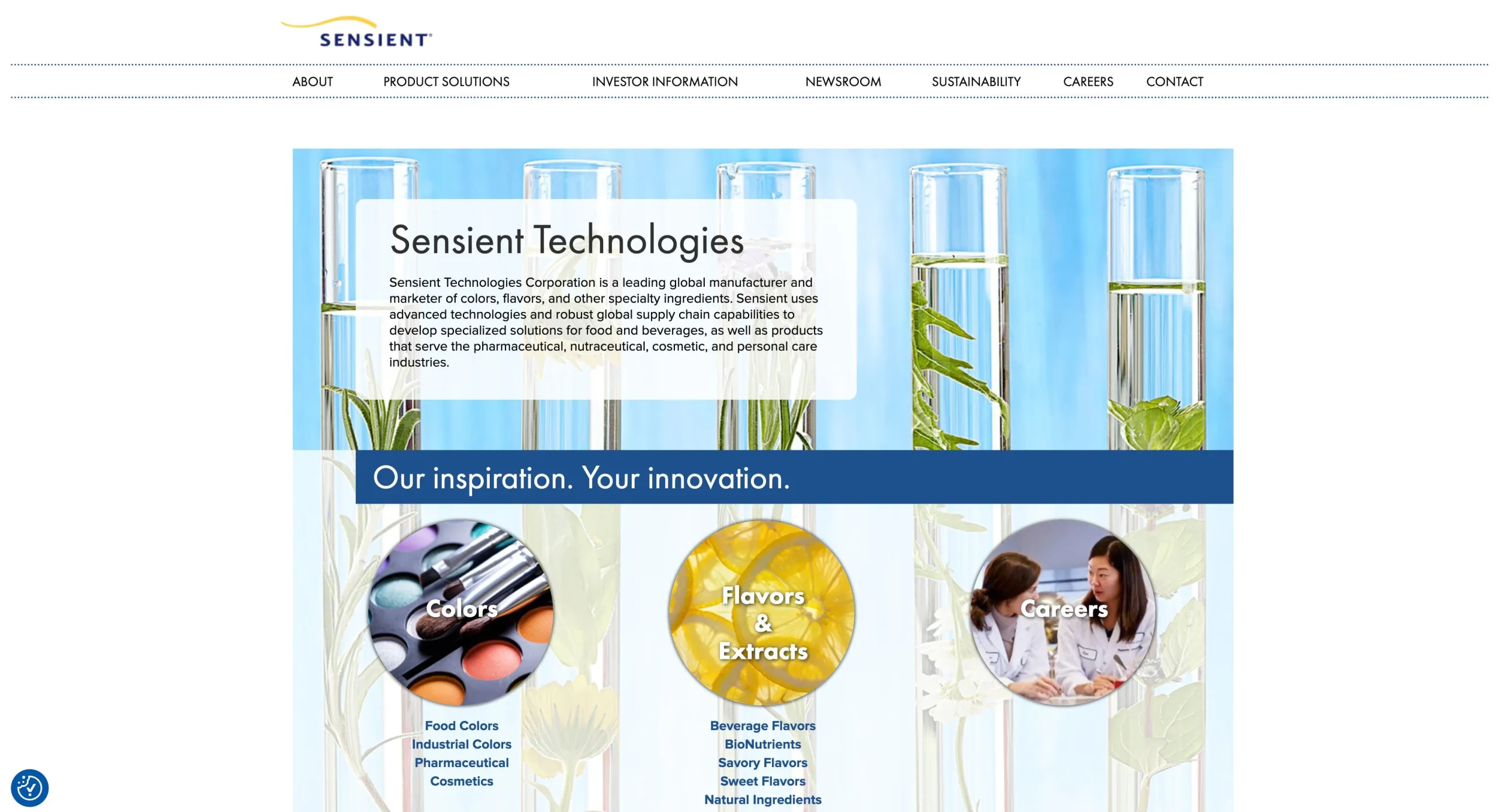 Sensient Technologies Corporationのウェブサイトのスクリーンショット。世界トップクラスのエッセンシャルオイルメーカーの1つ - 世界トップクラスのエッセンシャルオイルメーカー2026 - Zicail Sensient Technologies Corporationのウェブサイトのスクリーンショット。世界トップクラスのエッセンシャルオイルメーカーの1つ - 世界トップクラスのエッセンシャルオイルメーカー2026 - Zicail