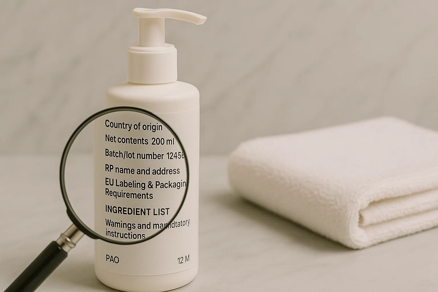 Skincare bottle label details seen through magnifier - Importing Skincare to the EU & US: Key Compliance Rules 2026 - Zicail Skincare bottle label details seen through magnifier - Importing Skincare to the EU & US: Key Compliance Rules 2026 - Zicail