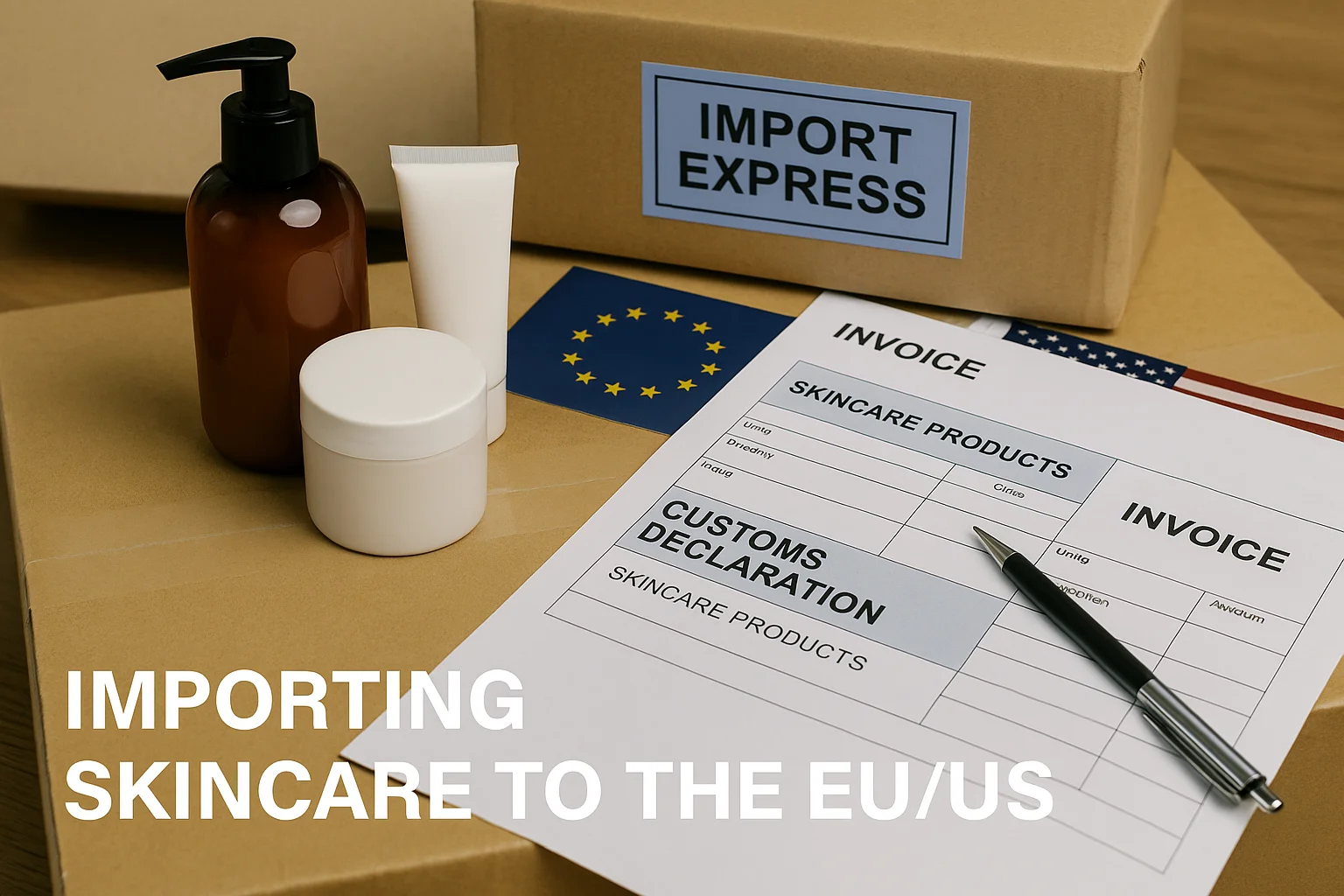 Skincare products with customs invoice and EUUS flags - Importing Skincare to the EU & US: Key Compliance Rules 2026 - Zicail Skincare products with customs invoice and EUUS flags - Importing Skincare to the EU & US: Key Compliance Rules 2026 - Zicail