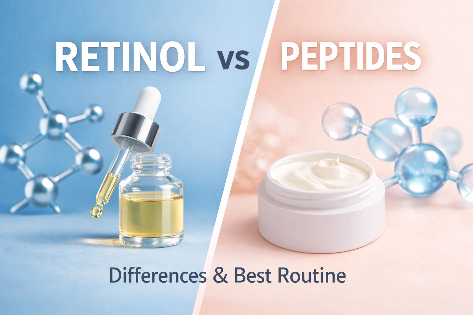 Retinol vs Peptides skincare comparison with serum dropper and cream jar on split blue and peach background
